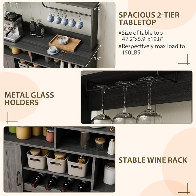47" Farmhouse Buffet Sideboard Cabinet with Power Outlets Coffee Bar Cabinet with Storage, Large Buffet Storage Cabinet Table with Wine Racks, Goblet Holder, Hooks for Kitchen, Dining Room, Grey