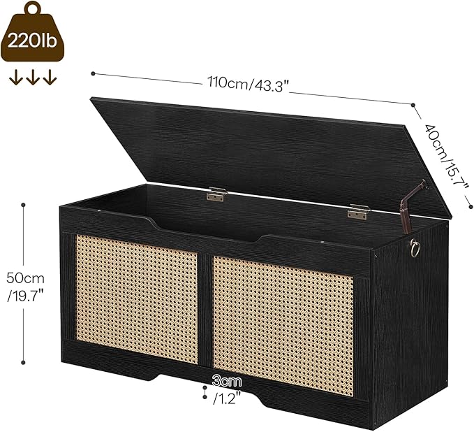 HOOBRO Storage Bench, 43.3" Toy Box, Rattan-Like Storage Chest, Sturdy Entryway Bench Supports 220 lb, Toy Chest, Safety Hinge, U-Shaped Opening, Easy Assembly, Black BB22CW01