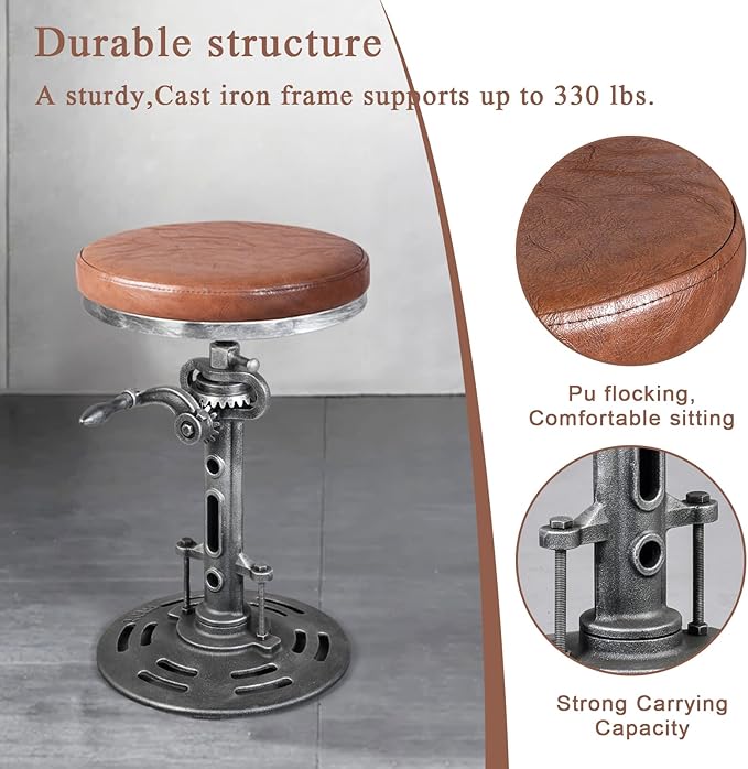 LOKKHAN American Antique Steampunk Deco Vintage Industrial Bar Cafe Stool, Retro Stylish Cast Iron Base Swivel Round Leather Top, Easily Adjusts by Crank Handle