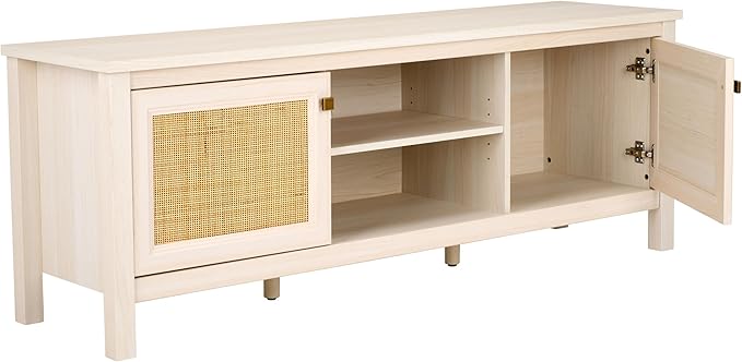 SAFAVIEH Evane TV Stand for up to 65" Flatscreen – Bleached White & Natural, 2 Doors with Interior Storage, 2 Open Shelves, Entertainment Media Console (MED9629C)