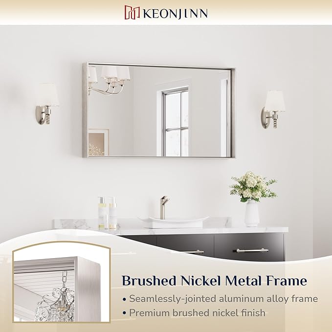 Keonjinn 40 x 24 in Brushed Nickel Bathroom Mirror for Wall, Silver Rectangular Metal Framed Vanity Mirror for Bathroom Sink Square Corner Aluminum Alloy Modern Rectangle Mirror(Horizontal/Vertical)