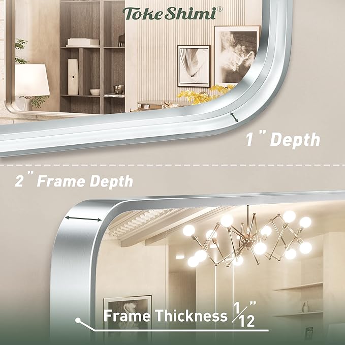 TokeShimi 30 x 36 Inch Brushed Silver Bathroom Mirror for Wall Brushed Brass Metal Rounded Corner Rectangle Mirror Metal Frame Deep Set Design Hangs Horizontal Or Vertical