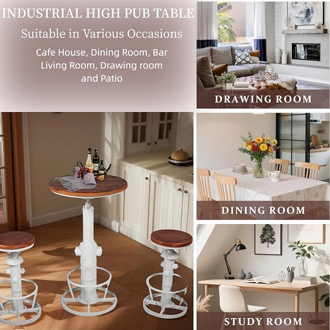 Vintage Pub Table 38.6-44.5inch Height Adjustable Industrial High Bar Table in Home Kitchen Farmhouse Cafe Table for 2-3 People Swivel Wooden Top