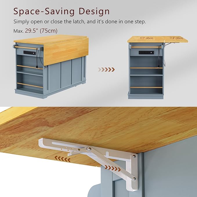 53" Large Kitchen Island Set with 2 Bar Stools, Power Outlet & Storage, Drop Leaf, 3 Drawers & 5 Open Racks, Grey Blue