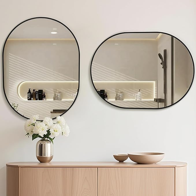 Oval Bathroom Mirror 22x30 Inch, Pill Shape Black Framed Wood Wall Mirrors with Tempered Glass for Modern Bedroom,Entryway or Living Room(Hanging Vertical or Horizontal)
