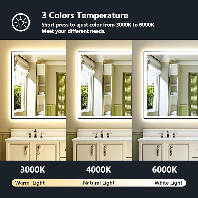 60x38 Inch LED Bathroom Mirror with Lights (Front Lit and Backlit) Black Framed Lighted Vanity Mirror for Bathroom Wall Dimmable Anti-Fog Memory Tempered Glass Horizontal/Vertical