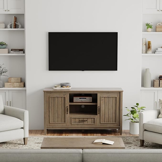 SIMPLIHOME Lev SOLID WOOD 53 Inch Wide Contemporary TV Media Stand in Smoky Brown for TVs up to 60 Inches, For the Living Room and Entertainment Center