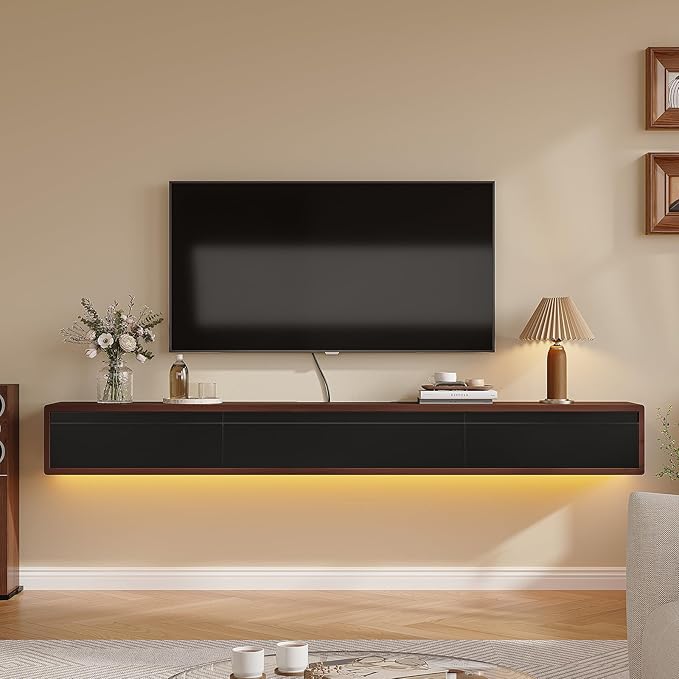 Floating TV Stand Matte Finish, 86'' Wall-Mounted TV Cabinet,Floating TV Console,Under TV Shelf with 3 Doors for Living Room Bedroom(Walnut+Black)