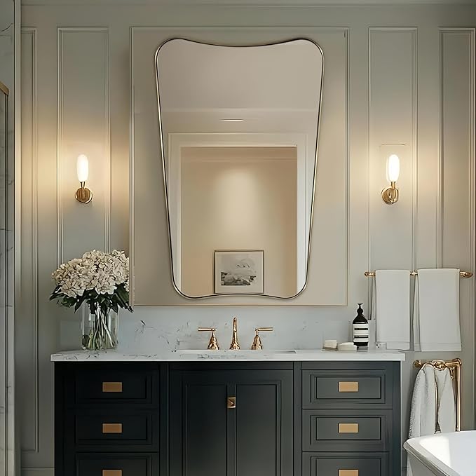 ANDY STAR 30x48 Inch Brushed Gold Mirror, Large Asymmetrical Wall Mirror, Antique Gold Mirror in Anti-Rust Stainless Steel Frame, Unique Designed Frame Ideal for Home Remodel