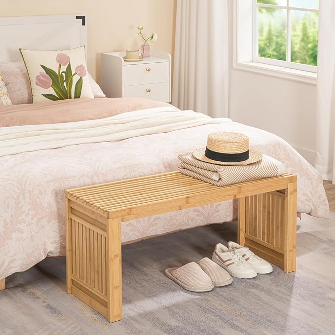 HOOBRO Dining Bench, 35 inch Bamboo Entryway Bench, Farmhouse Kitchen Table Bench, Outdoor Bench, Solid Bamboo Dining Room Benches for Kitchen, Living Room, Hallway, Bedroom, Natural YL16CD01