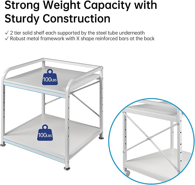 20 Inches Deep Large Printer Stand, 2 Tier Under Desk Printer Table with Height Adjustable Shelf, Rolling Printer Cart with Wheels for Home Office Storage - White