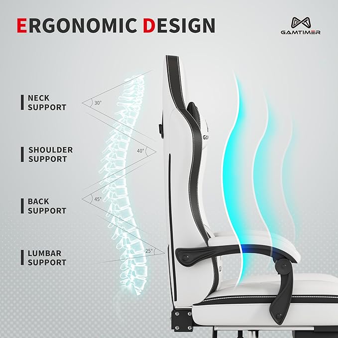 Gaming Chair, 400 lbs Adult Chair, High Back Computer Chair with Footrest and Linked Armrests, Office Video Game Chair with Lumbar Support (White+Black)