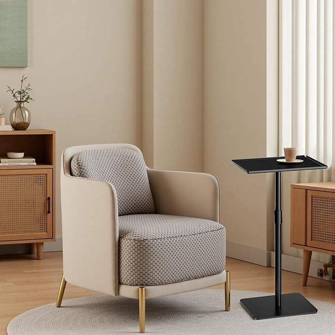 Metal Sofa Side Table,Height Adjustable Tall Side Couch Tables,Small TV Tray Table for Small Spaces with Matte Black Tray,Square Drink Coffee Tables for Bedroom,Black