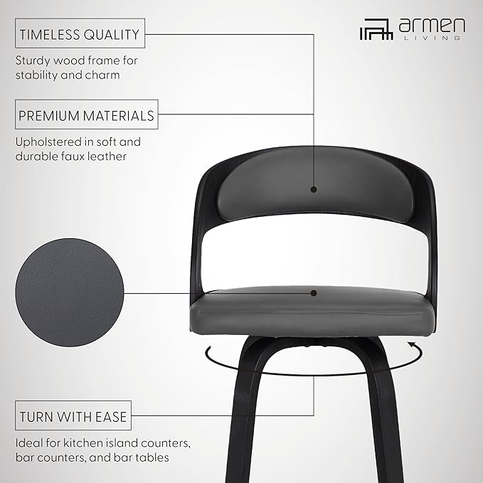Armen Living Shelly 26" Counter Height Swivel Gray Faux Leather and Black Wood Bar Stool