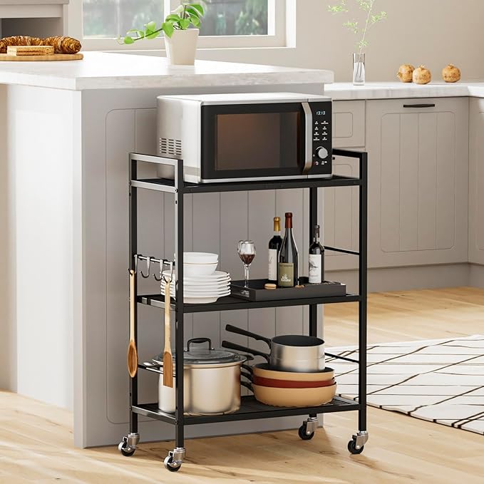 3-Tier Metal Storage Rack with Industrial Wheels,Mesh Shelving Unit with Wooden Table top,Adjustable Shelf,23.6-Inch Width,for Kitchen,Laundry,Pantry,Plant,Black panel and black frame