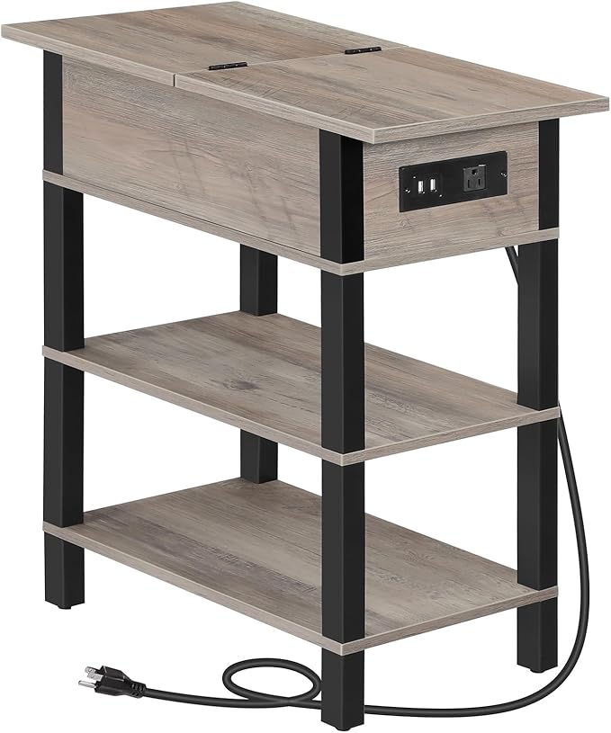 HOOBRO End Table with Charging Station, Flip Top Side Table with USB Ports, Narrow Nightstand Bedside Tables with Storage Shelves, for Small Space, Living Room,Greige and Black BG141UBZ01