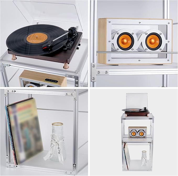Record Player Stand with Vinyl Record Storage, End Table Style Record Stand, Silver Aluminum & Acrylic Vinyl Record Stand, Modern Record Table