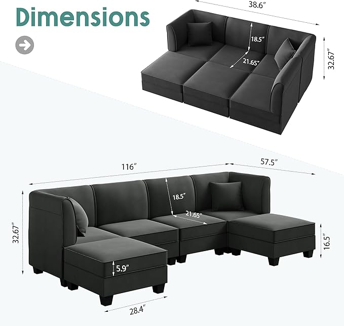 Shintenchi 6 Pieces Sectional Couch Modular Sofa,U Shaped Reversible Chaise Velvet SofaCouch with Cushions,Modular Sectional Sofa with Ottoman for Living Room (Dark Grey)