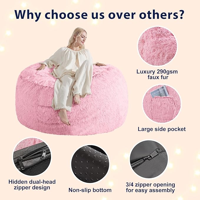 Fluffy Bean Bag for Stuffed Animals Storage, Faux Fur Washable Bean Bag Chair Cover(No Filler) for Textile Plush Toys, Beanbag Chair Cover for Adults Kids Teens, 5FT, Pink