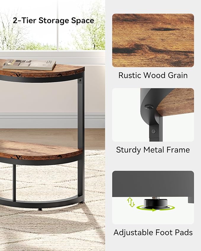LITTLE TREE 2-Tier End Table Half Round with Storage Shelf, Small Side Table Space Saving Narrow Accent Table for Living Room Sofa Couch, Bedroom, Rustic Brown