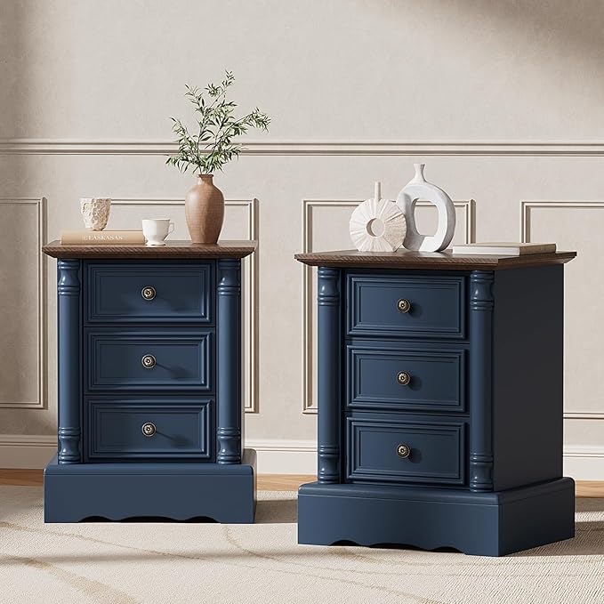 Nightstand with 3 Drawers, Rustic Night Stand 18' Wide Side Table with Storage, Mid-Century Modern Couch End Table with Vintage Handles, Small Dresser for Bedroom, Living Room, Indigo Blue