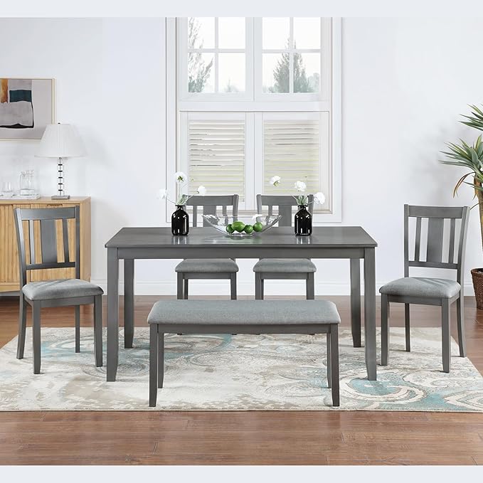 soges 6 Piece Kitchen Dining Table Set, Wooden Dining Table with 4 Upholstered Chairs and a Bench for 6 People, Living Room, Home and Kitchen, Table Chairs Set, Grey