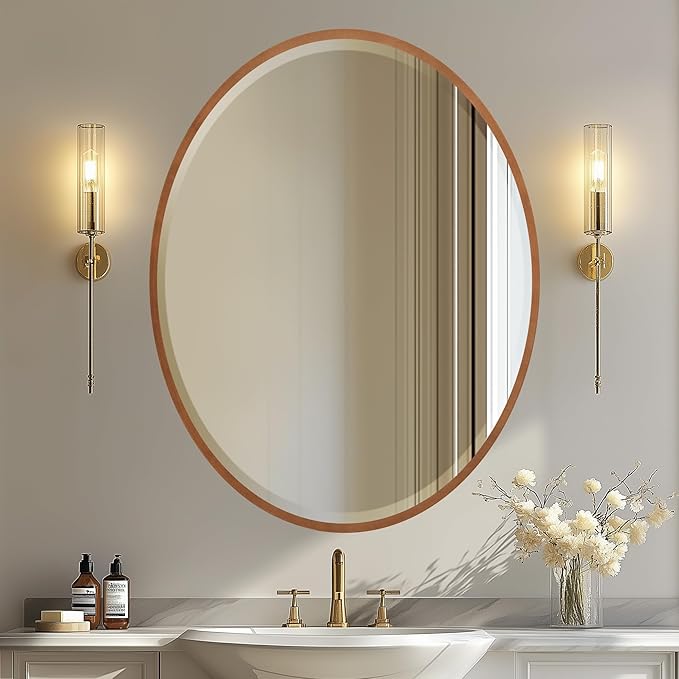 OVALCREST - Oval Wooden Beveled Wall Mirror for Home Decor, Bathroom, Vanity, Bedroom, Living Room, Hallway - London Style (Gold Spray) 25.1 x 31.1