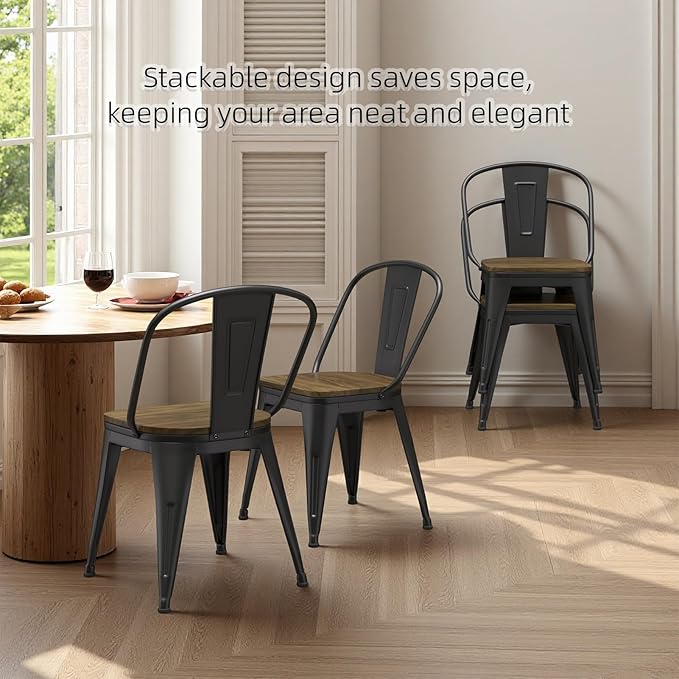 18 Inch Dining Chairs Set of 4, Farmhouse Metal Chairs with High Back and Wooden Seat, Stackable Industrial Bar stools for Dining Room(Black)