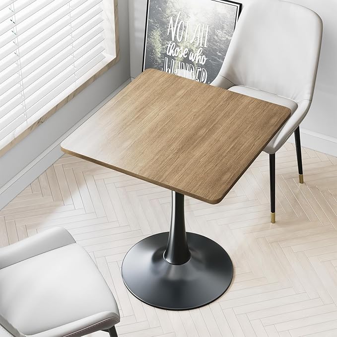 Walnut Square Tulip Table for 2, 24 Inch Small Dining Table with Metal Pedestal Base for Kitchen, Mid-Century Modern Table with Round Corners for Living Room, Cafe and Home Office