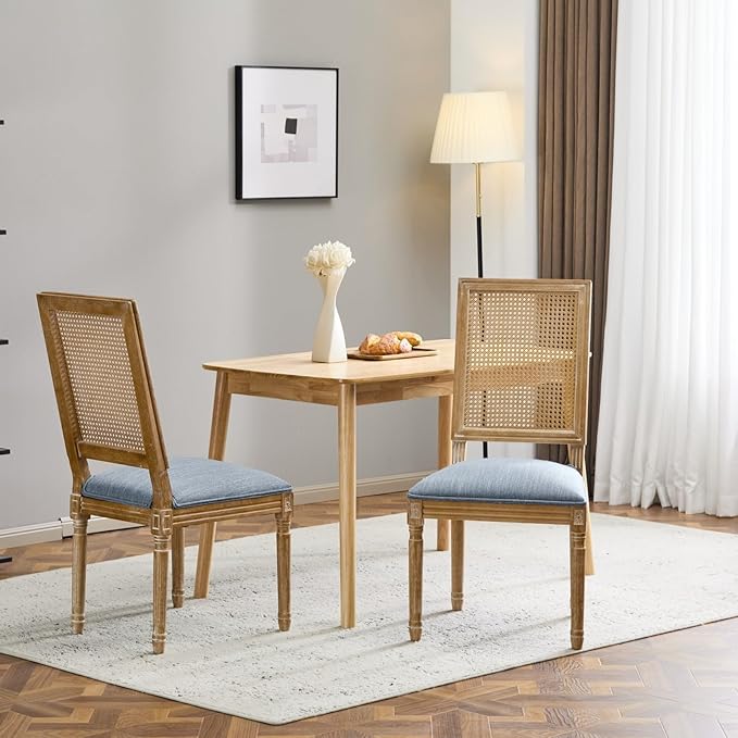 Merax Upholstered Solid Wood Dining Chairs Set of 2, French Country Style Accent Side Seating Furniture for Kitchen, Living Room, Wicker Back, Slate Blue
