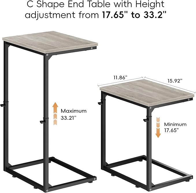 Vagusicc C Shaped End Table for Couch, 33.2'' Extra Tall C Table Adjustable Height Side Table, Small Side Table for Small Spaces, Couch Tables That Slide Under, Tv Tray Table for Living Room, Greige