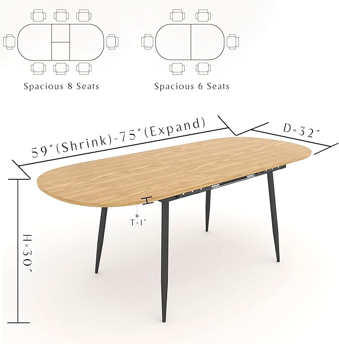 75" x 32" Extendable Dining Table - Oval Wooden Table Top with Metal Legs, Space-Saving Extendable 59" to 75" Dining Kitchen Table (Oval, Natural)