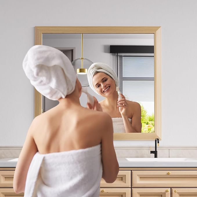 Amorho 40X36 Inch Bathroom Mirror for Wall, Oak Wood Grain Metal Framed Mirror, Anti-Rust, Hang Horizontally/Vertically, Suitable for Vanity, Bedroom, Farmhouse, Bathroom