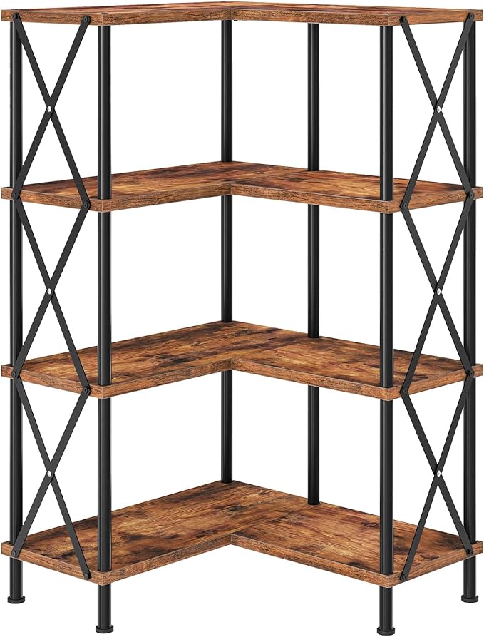 HOOBRO Corner Bookshelf, 4-Tier L-Shaped Bookcase, Industrial Open Display Shelf Tall Storage Organizer, Vertical Storage Rack, for Living Room, Home Office, Rustic Brown and Black BF59SJ01