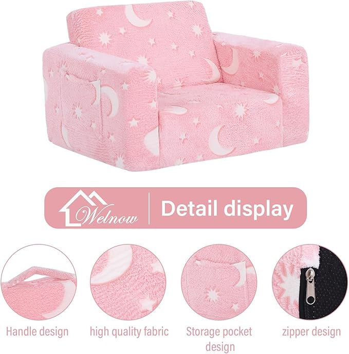 Welnow Toddler Chair, 2-in-1 Soft Sherpa Kids Sofa, Convertible Toddler Couch Lounger, Flip Out Kids Couch Chair with Side Pockets & Removable Cover for Girls and Boys, Pink Moon