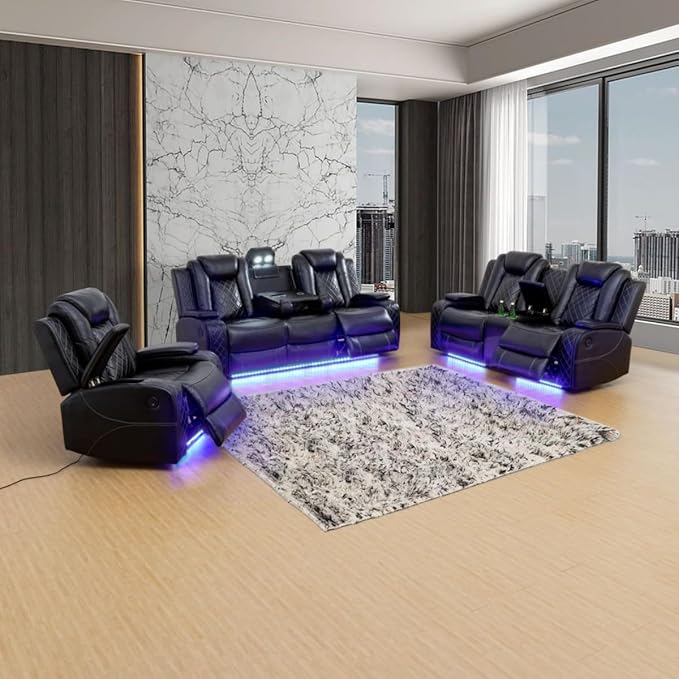 Electric Power Recliner Chair/Loveseat/Sofa Living Room, Comfy Home Theater Breathing Leather Seating with USB 2.0 Charging Ports, LED Light Strips, Fold-Down Table & Cupholders (Black, 3-Piece)