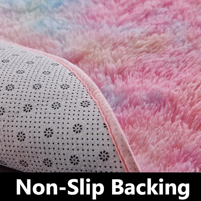 FJZFING Rainbow Round Rug Ultra-Soft Plush Modern 4x4 Circle Area Rug for Kid's Bedroom, Fluffy Shag Circular Rug for Nursery Room, Non-Slip Home Decor Colorful Carpet for Teen's Room