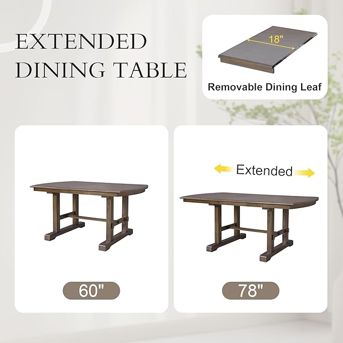 Ball & Cast Dining Table Set for 6,60" to 78" Extendable Wood Dining Table with Removable Leaf,6-Piece Kitchen Table Set W/ 4 Upholstered Chair and 1 Bench,for Dining Room,Kitchen,Restaurant,Brown