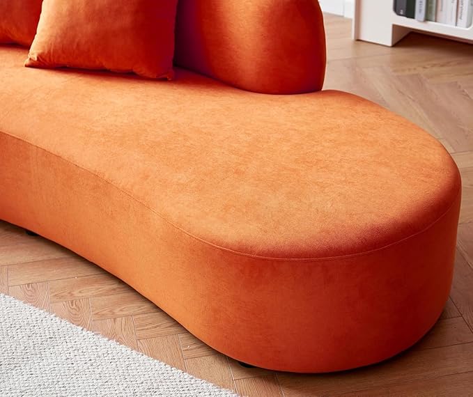 Container Furniture Direct 90" Curved Sofa with Throw Pillows, 4 Seater Luxury Velvet Couch with Half Moon Design and High-Density Foam, Ideal for Modern Living Room, Office & Apartment, Red Orange