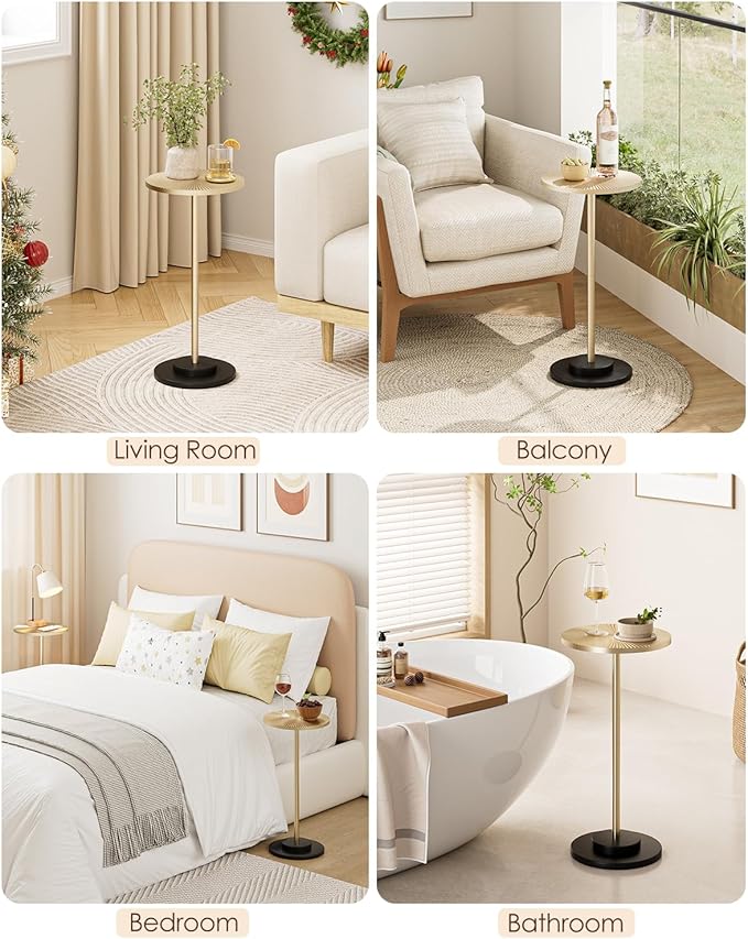 Round Side Table, Small Drink Table for Small Spaces, Modern Accent End Table Coffee Table with Metal Leg for Living Room, Bedroom, Corners, and Office (Gold)
