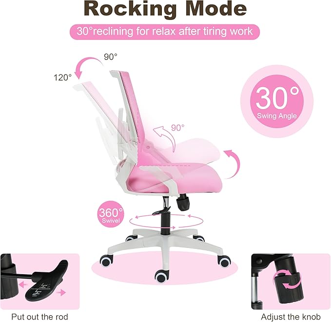 Ergonomic Office Chair Desk Chair with Adjustable Height Mesh Computer Chair Swivel Chair with Flip-up Arms and Lumbar Support Pink