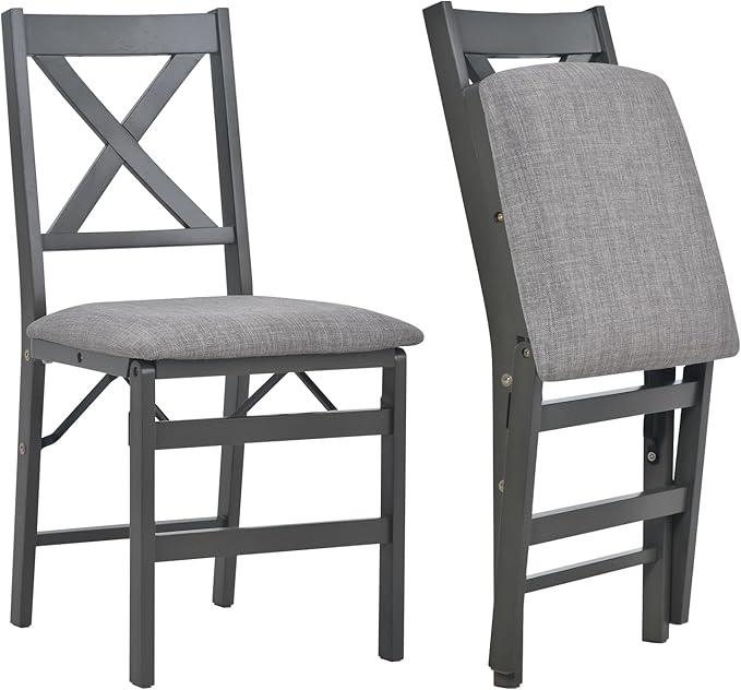 COLAMY Folding Dining Chairs Set of 2 – Dark Grey Upholstered Dining Room Chairs with Wooden Frame, Pre-Assembled, Space Saving Modern Kitchen & Dining Room Furniture for Small Spaces