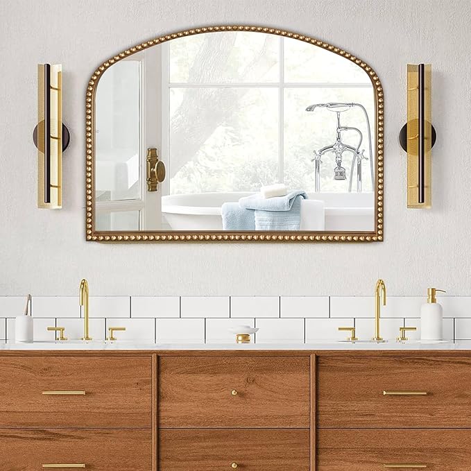 Vanity Mirror for Bedroom, 35" x 28" Large Arch Vintage Gold Wall Mirror, Beaded Frame Decorative Accent Mirrors for Washroom, Living Room, Entryway, Bathroom, Fireplace