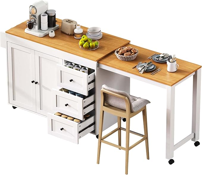 Ball & Cast 74.8" Kitchen Island with Extendable Dining Table,Kitchen Storage Cart W/Power Outlet and 3 Drawers,Rolling Kitchen Island on Wheels W/Spice Rack & 2 Door Cabinet,for Kitchen,White