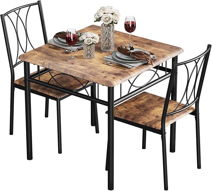 IDEALHOUSE Dining Table Set for 2, Kitchen Table and Chairs for 2, Rectangular Dining Room Table Set, 3-Piece Wood Dining Table Set for Apartment, Small Space, Space Saving, Retro Brown