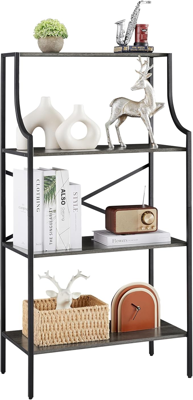 4 Tier Bookshelf, Entryway Standing Shelf Units with Storage, Small Bookcases with Open Shelves, Home Storage Shelving for Bedroom, Study, Living Room, Wood Grey