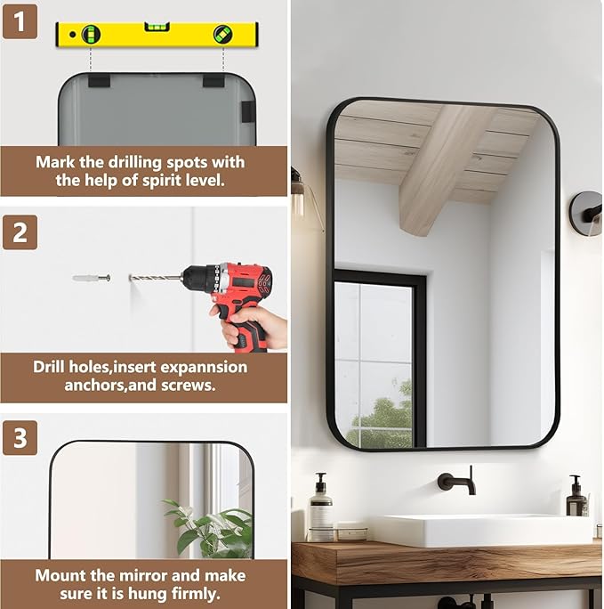 Matte Black Mirror, 48"x30" Rectangle Bathroom Mirror, Metal Frame Rectangle Corner Vanity Mirror, Wall Mounted Mirror for Modern, Living Room, Bedroom, Horizontal Or Vertical