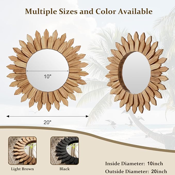 20 Inch Brown Boho Wall Decor Sunburst Mirror - Round Wooden Wall Decor, Handmade Rustic Circular Mirror for Living Room, Bedroom, Entryway, Office