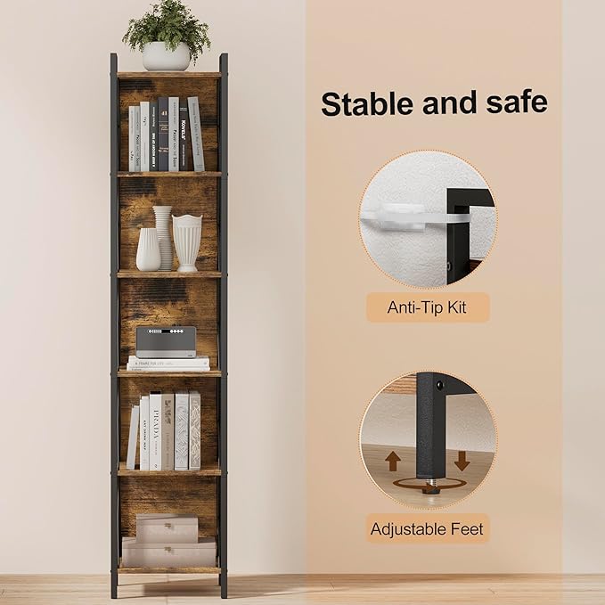 Homhedy 6 Tier Bookshelf Bookcase, Tall Narrow Bookshelf for Small Space, Metal Storage Shelves with Back Panel, for Home Office, Living Room, Kitchen, Bedroom, Industrial Style, Rustic Brown