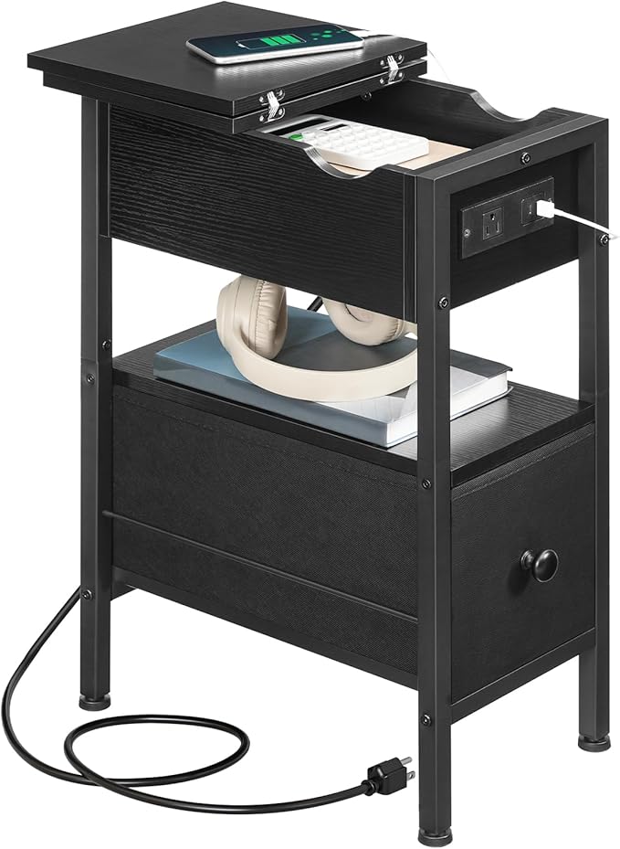 HOOBRO End Table with Charging Station, Flip Top Narrow Side Table with Storage Drawer, Slim Nightstand Bedside Tables with Shelves, for Small Space, Living Room, Bedroom, Black BK343UBZ01G1